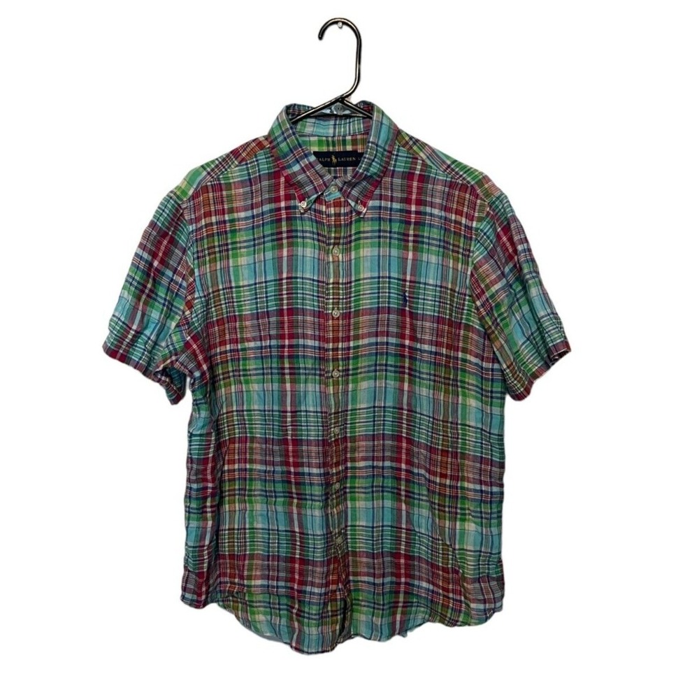 Ralph Lauren Button Down Shirt Mens Large Multicolor Plaid Madras 100% Linen